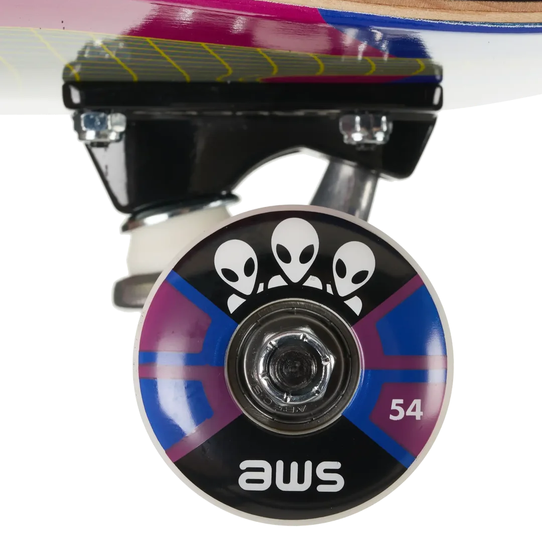 Close-up of a skateboard wheel and truck assembly on a white background. The wheel is black with a colorful blue, purple, and pink geometric design, three white alien heads, and the brand name 'aws' printed at the bottom.