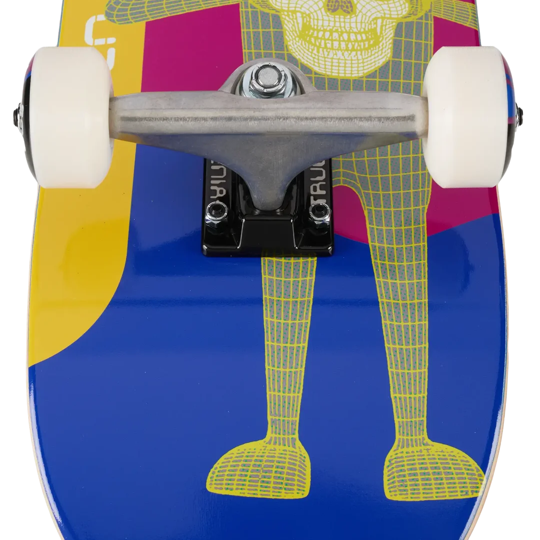 Close-up of the underside of a skateboard deck showing a bright blue base with a yellow wireframe skeleton figure, plus white wheels and silver trucks.