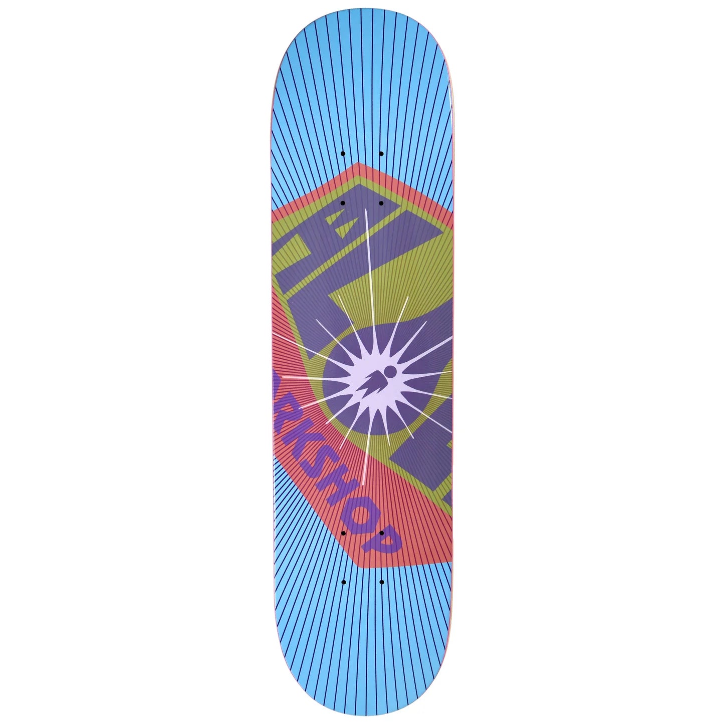 Colorful skateboard deck with geometric design on a white background