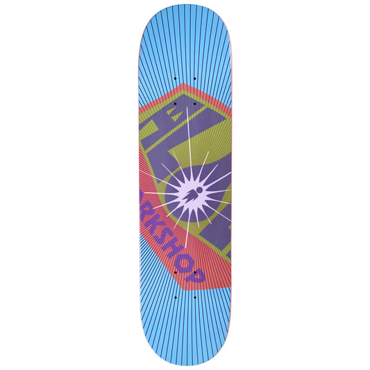 Colorful skateboard deck with geometric design on a white background