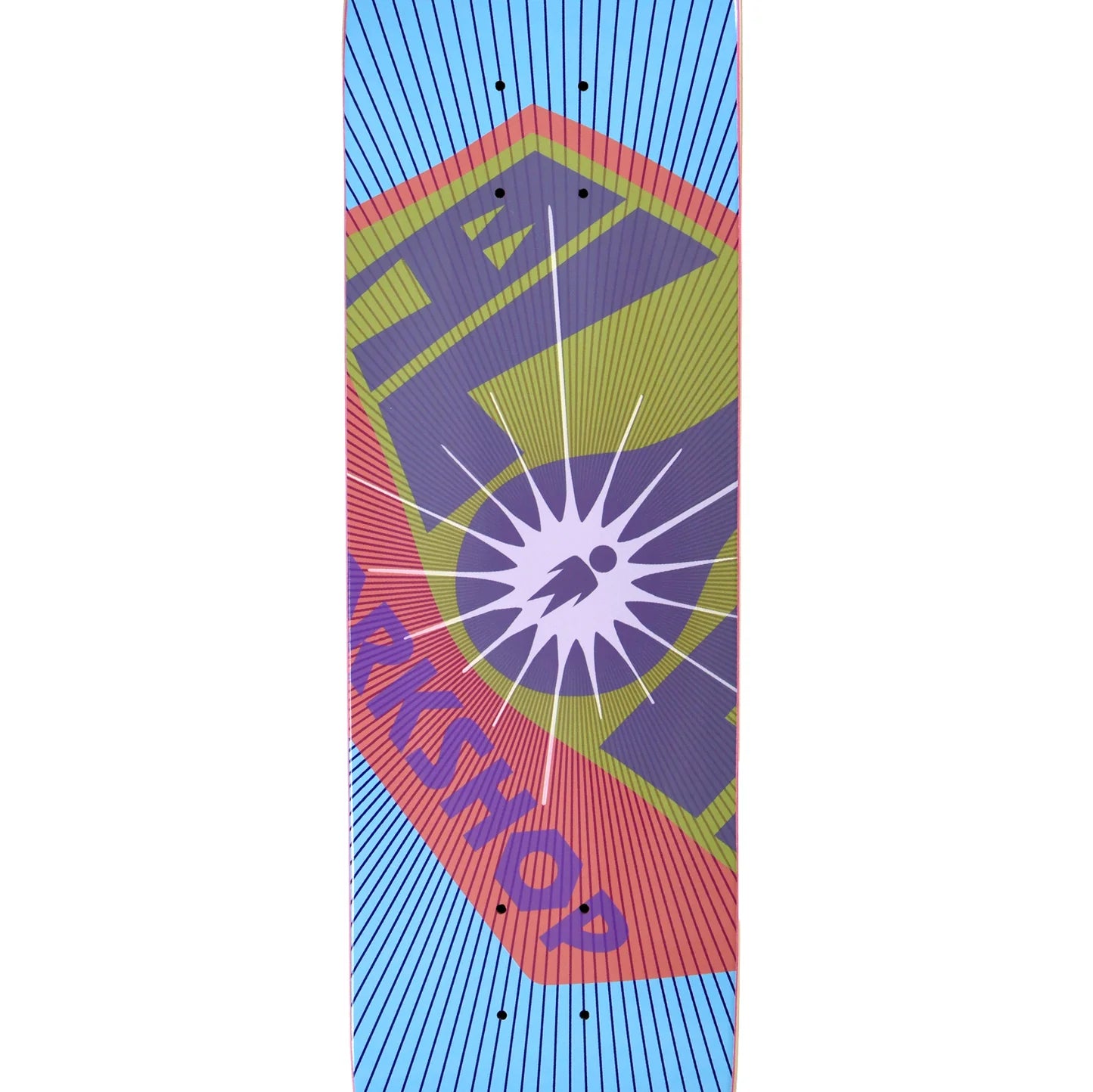 Skateboard deck with colorful graphic design on a white background