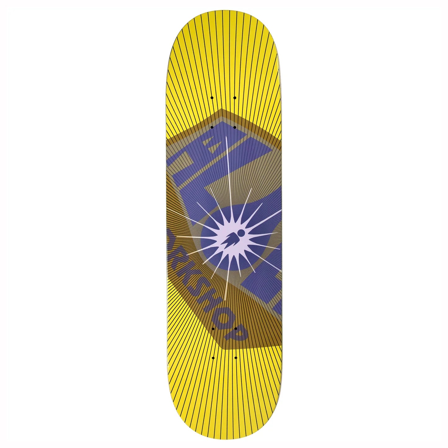 Skateboard deck with geometric design on a white background
