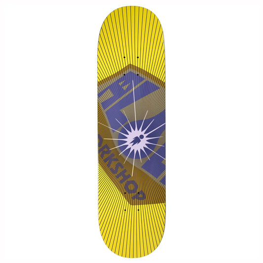Skateboard deck with geometric design on a white background