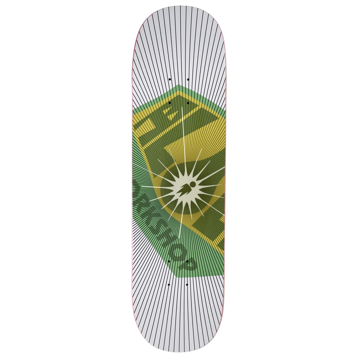 Skateboard deck with green and yellow design on a white background