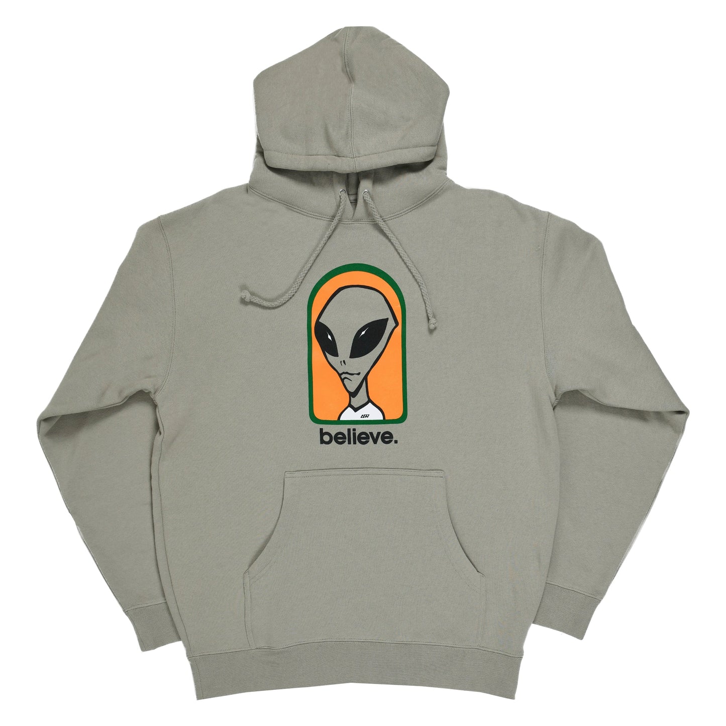 Gray hoodie with alien graphic and 'believe' text on a white background
