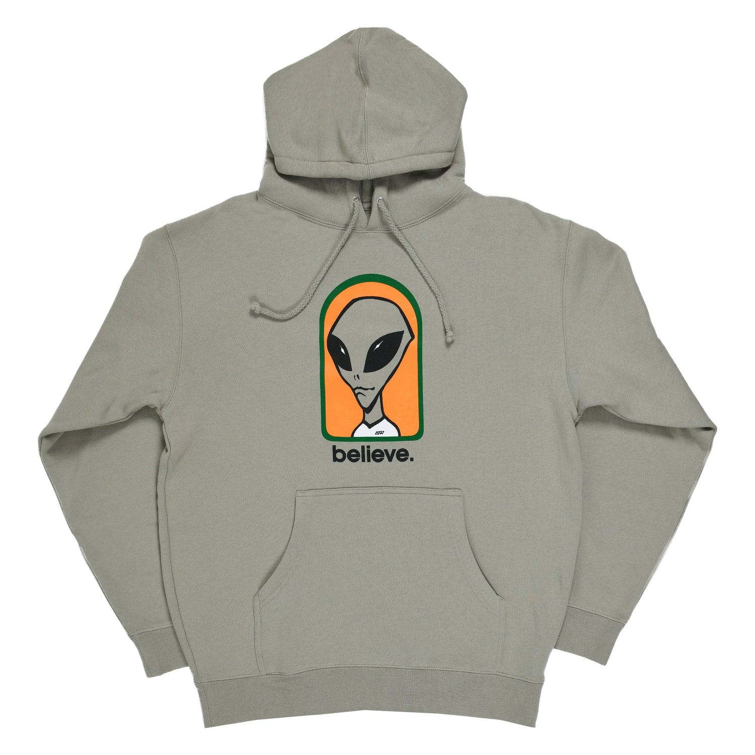 Gray hoodie with alien graphic and 'believe' text on a white background
