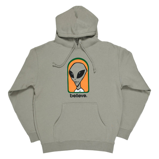 Gray hoodie with alien graphic and 'believe' text on a white background