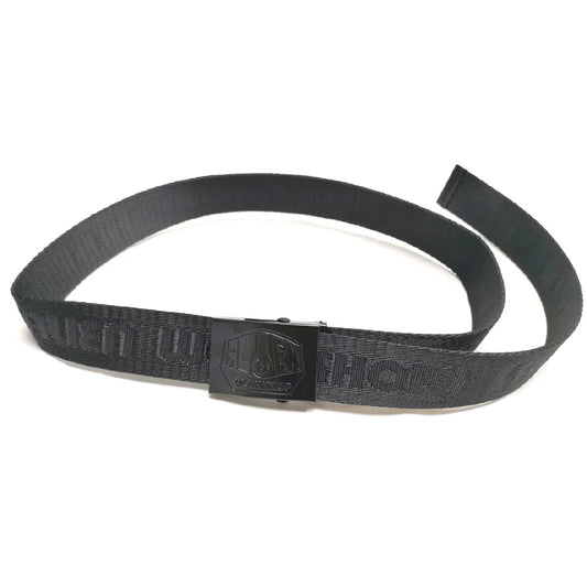 Black belt with a hexagonal buckle on a white background
