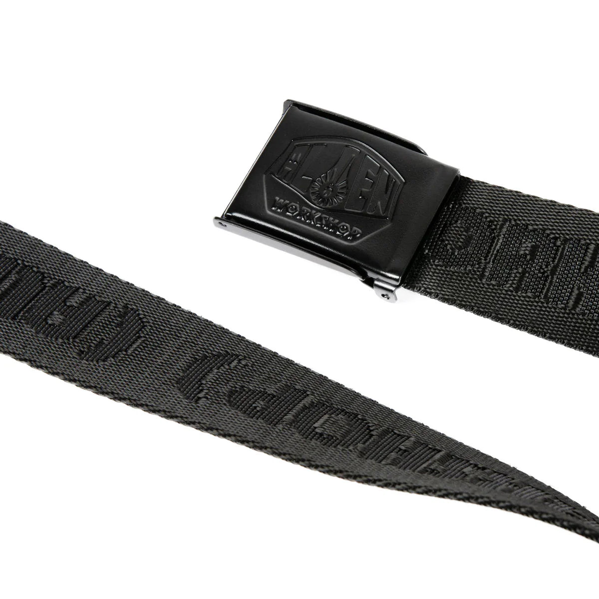 Black belt with a textured strap and a black buckle on a white background