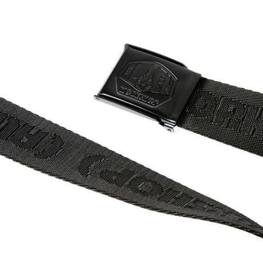Black belt with a textured strap and a black buckle on a white background
