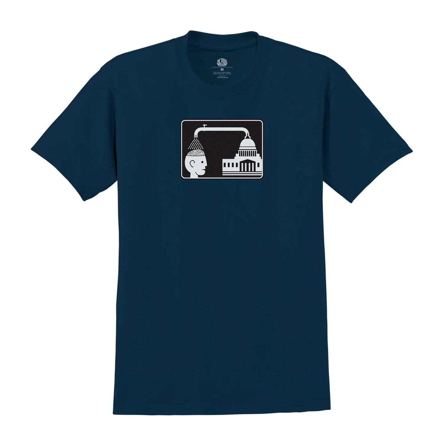 Navy blue t-shirt with a graphic design on a white background