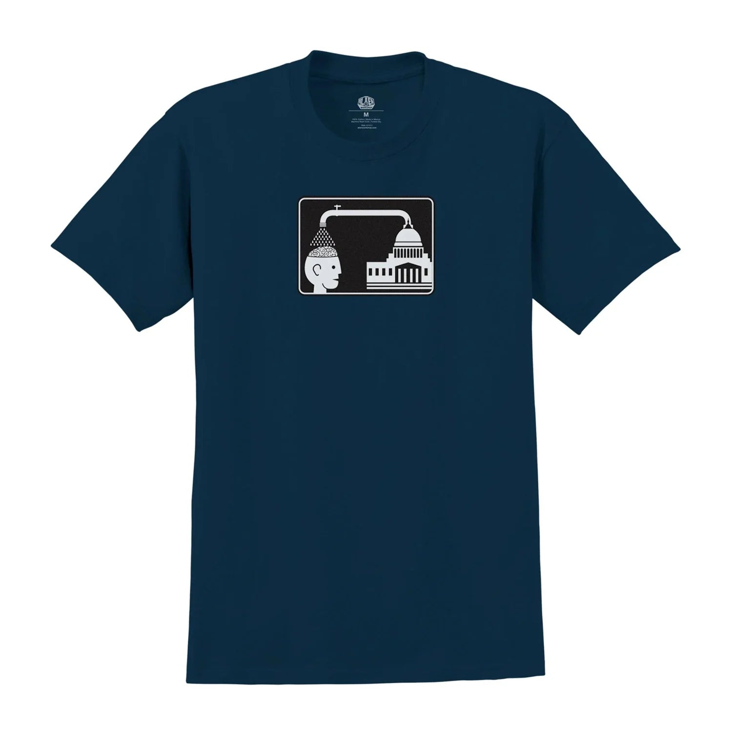 Navy blue t-shirt with a graphic design on a white background