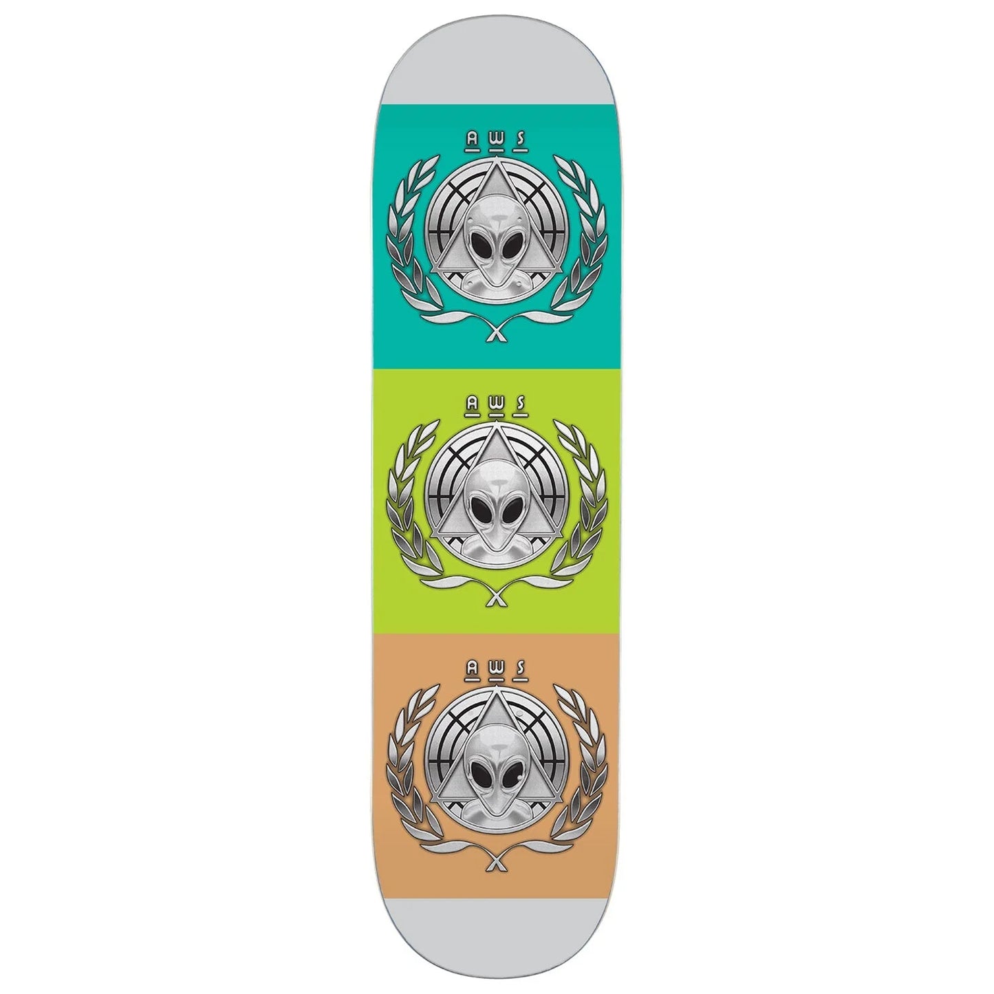 A skateboard deck shown vertically against a white background, featuring three stacked color panels in teal, lime green, and peach, each with a silver alien head and laurel wreath graphic.