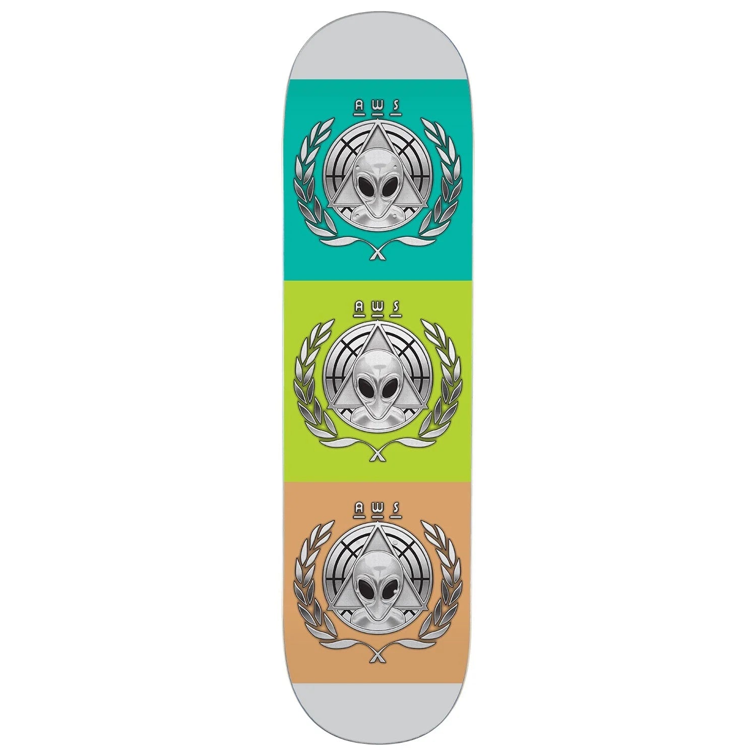 A skateboard deck shown vertically against a white background, featuring three stacked color panels in teal, lime green, and peach, each with a silver alien head and laurel wreath graphic.