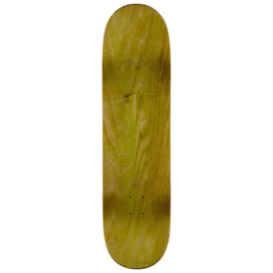 A skateboard deck blank with a natural wood grain pattern in warm yellow-brown tones, shown vertically against a plain white background.