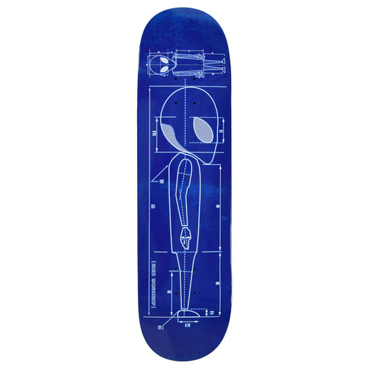 Blue skateboard deck with white line art design on a white background