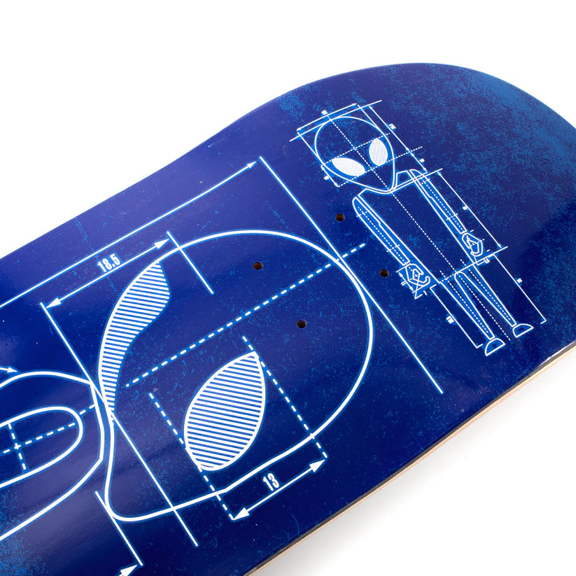 Blue skateboard deck with white line art design on a white background
