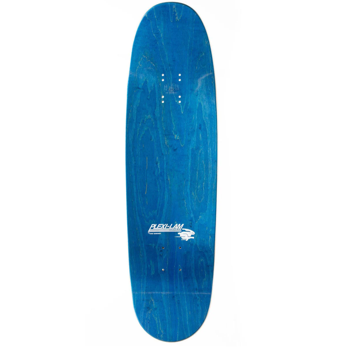Blue skateboard deck with a brand logo on a white background