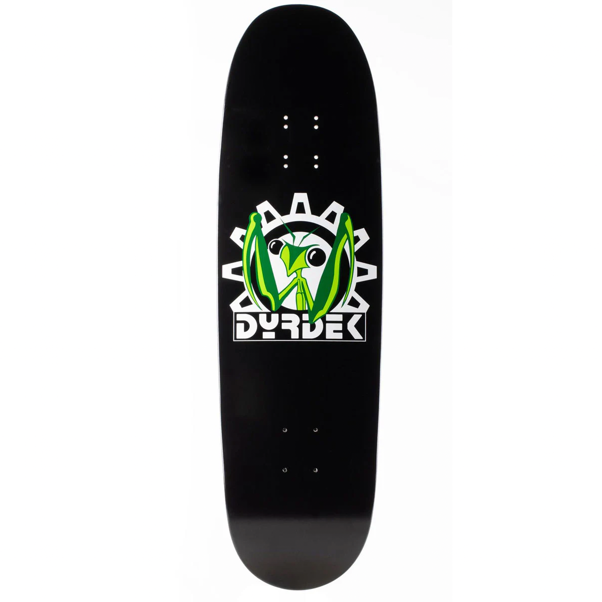 Black skateboard deck with a white and green logo on a white background