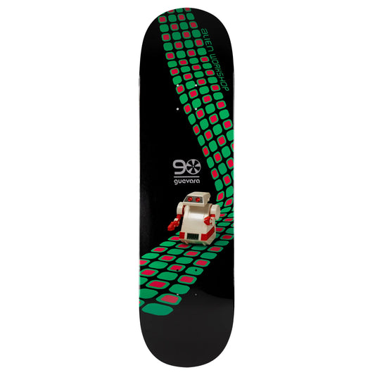 A skateboard deck with a black background featuring a green and red pixelated path graphic and a small robot illustration. 