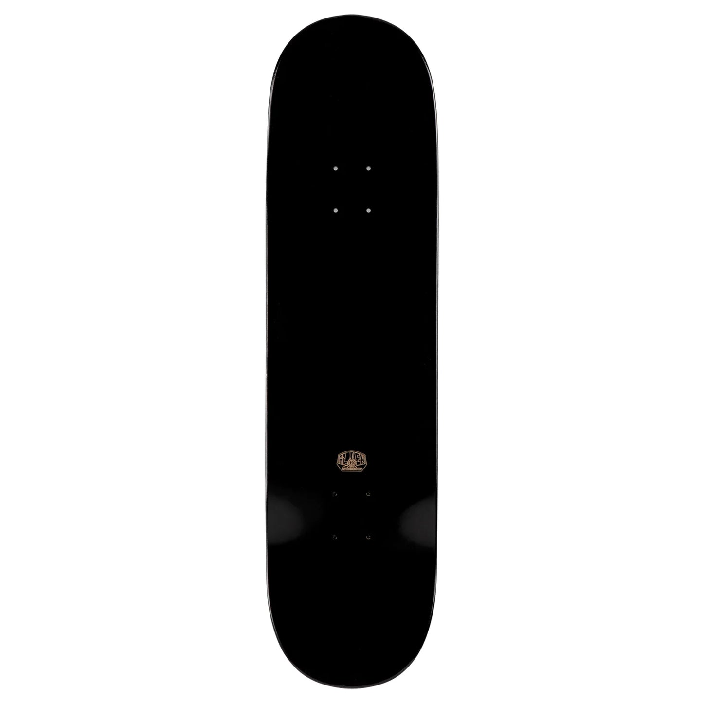 A black skateboard deck shown vertically against a plain white background, featuring a small gold logo near the center.