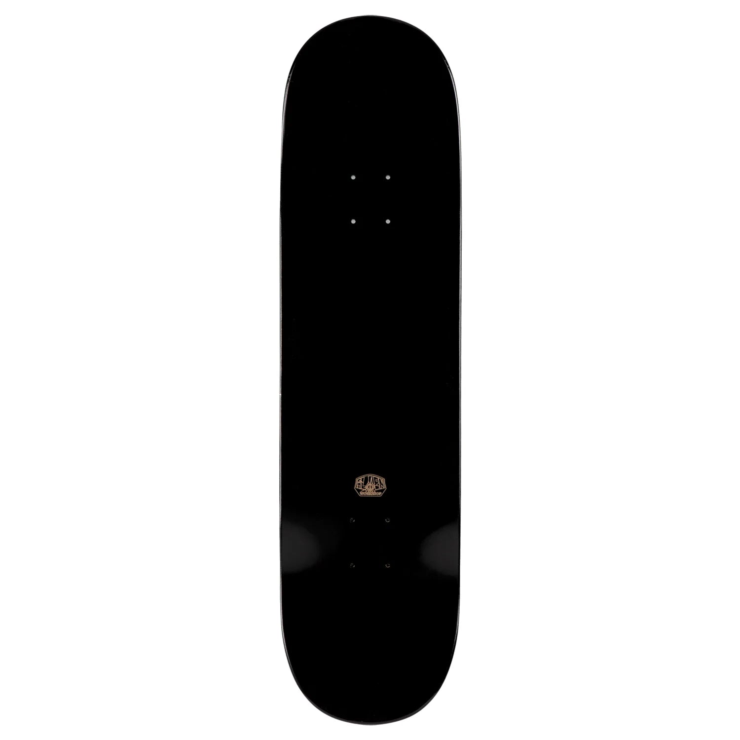 A black skateboard deck shown vertically against a plain white background, featuring a small gold logo near the center.