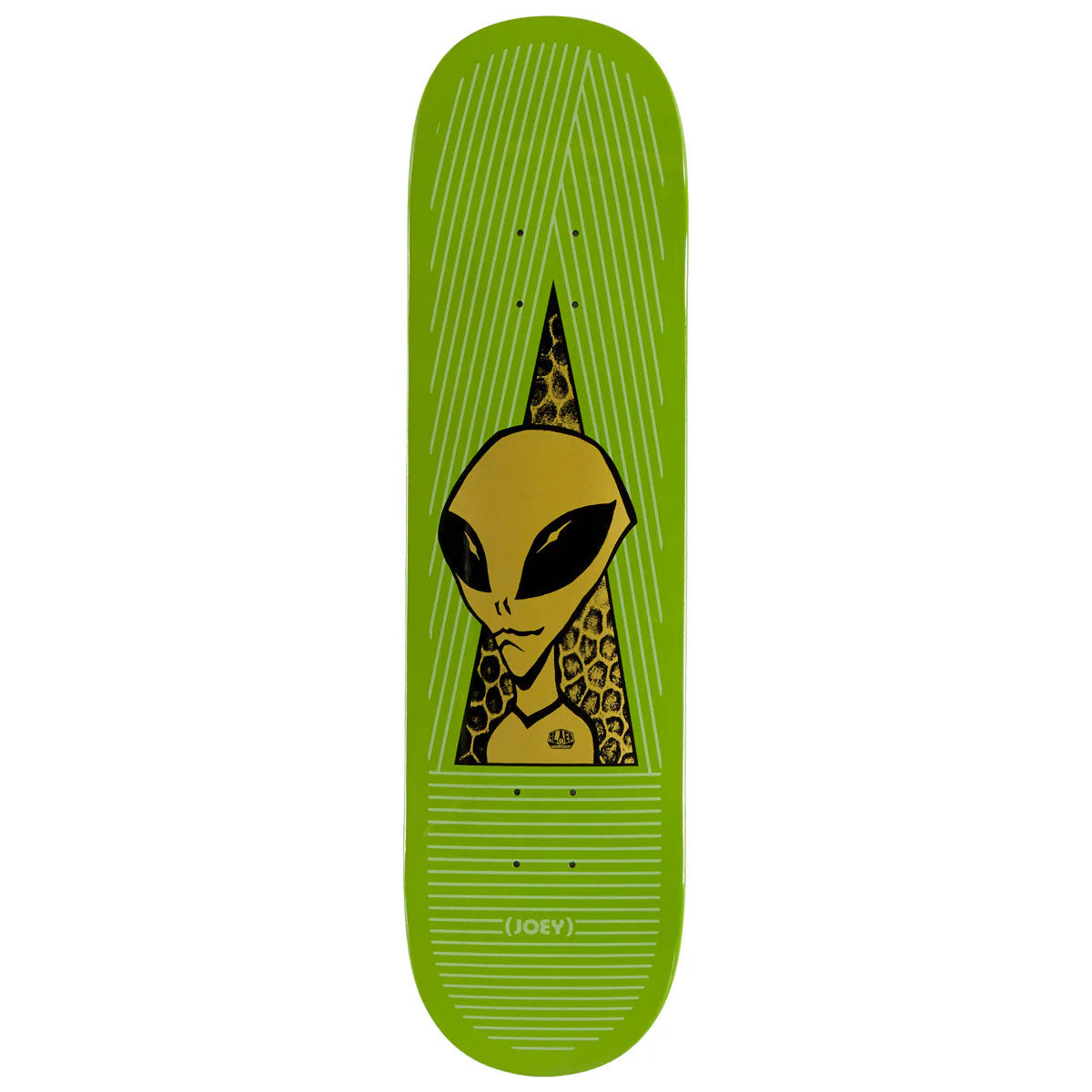 Skateboard deck with alien design on a green background