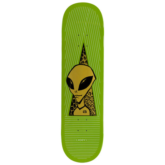 Skateboard deck with alien design on a green background