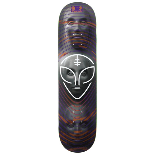 Skateboard deck with alien face design on a white background