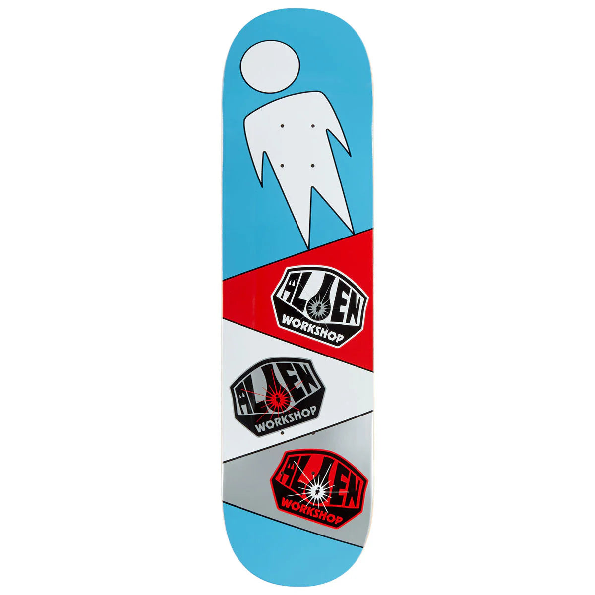 Skateboard deck with a blue, red, and white design featuring a logo on a white background