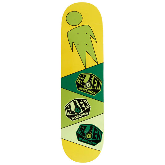 Skateboard deck with green figure and Alien Workshop logos on a yellow and green background