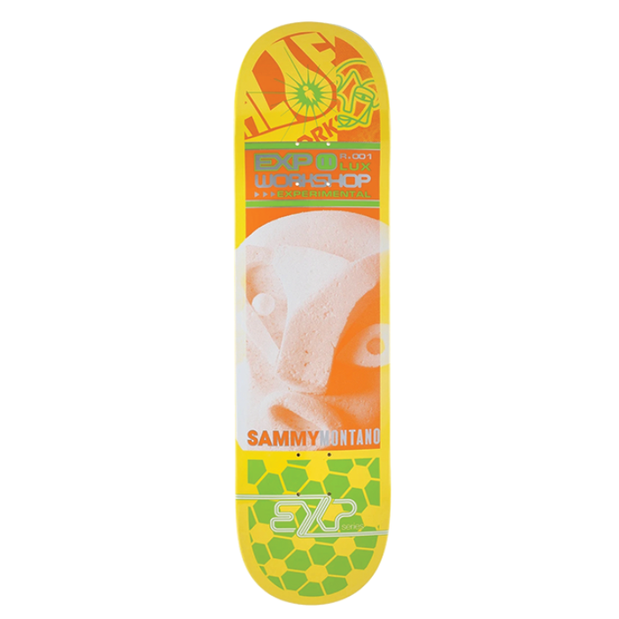Skateboard deck with colorful design on a white background