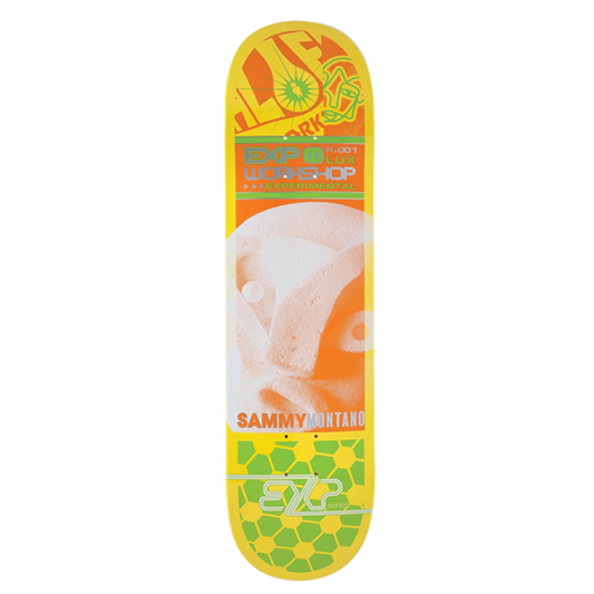 Skateboard deck with colorful design on a white background