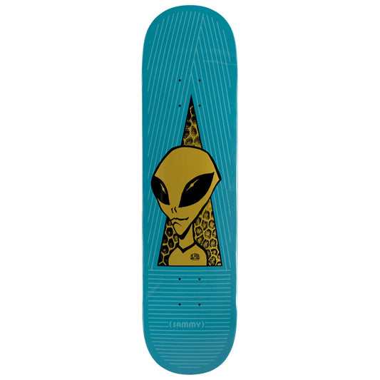 Skateboard deck with alien design on a blue background