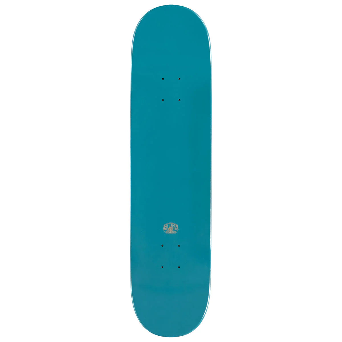 Teal skateboard deck with a logo on a white background