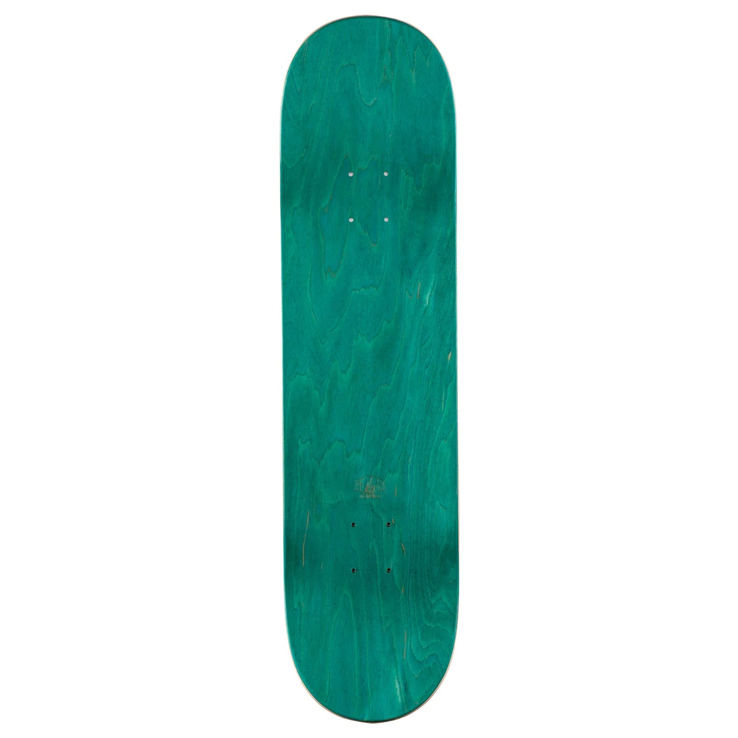 A teal green skateboard deck with a natural wood grain pattern, shown vertically against a plain white background.
