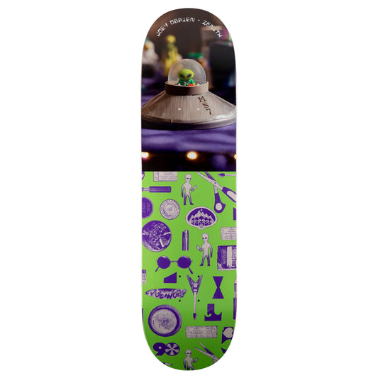 A skateboard deck shown vertically against a plain white background. The top section features a dark sci-fi scene with a UFO 