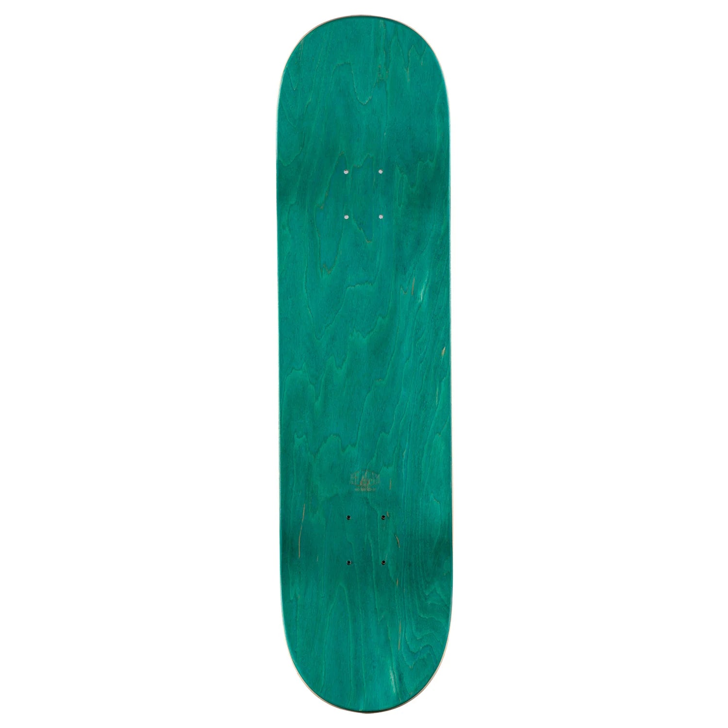 A teal green skateboard deck with a natural wood grain pattern, shown vertically against a plain white background.
