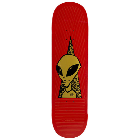 Red skateboard deck with a yellow alien design on a white background