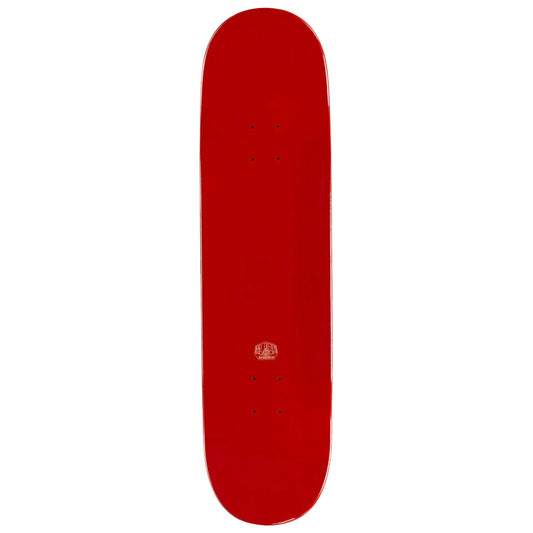 Red skateboard deck with a logo on a white background