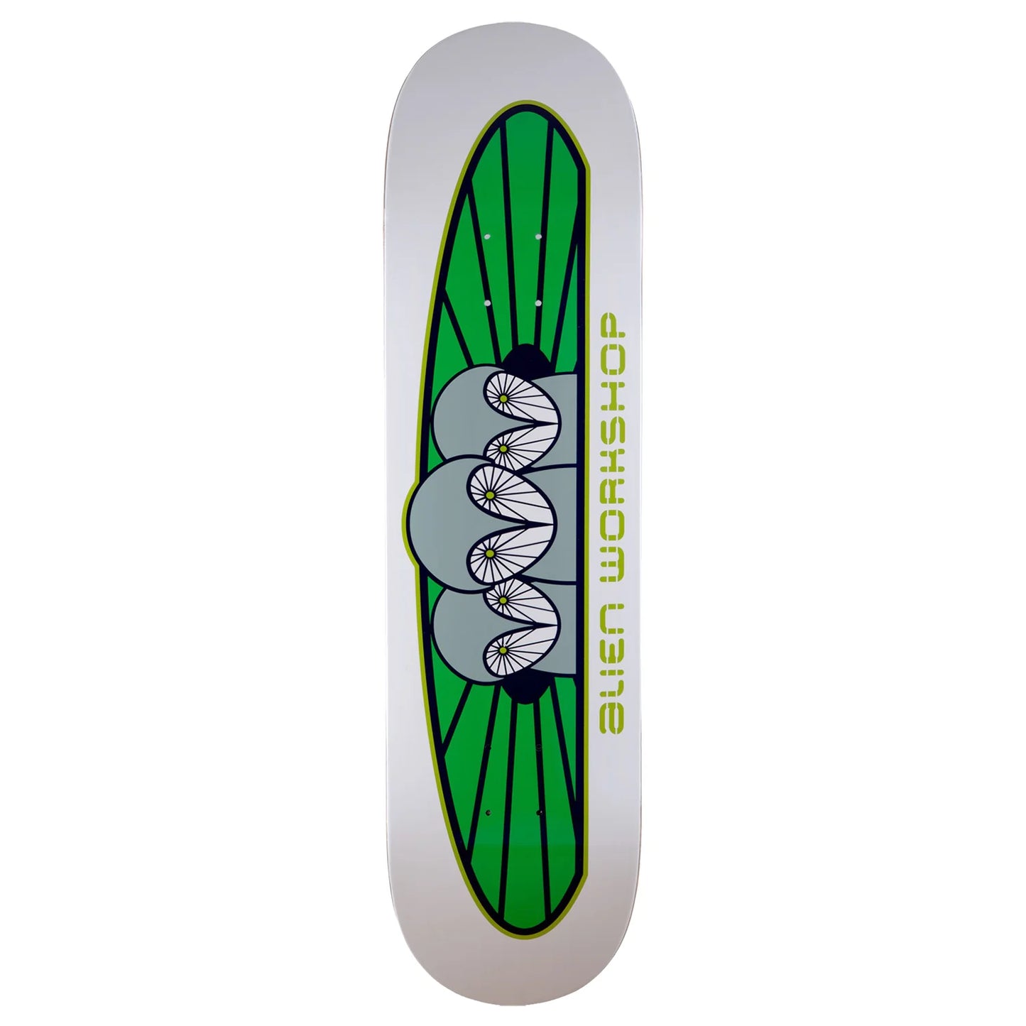 Alien Workshop skateboard deck featuring a green and gray alien-themed graphic with the brand name printed vertically on a white deck base.