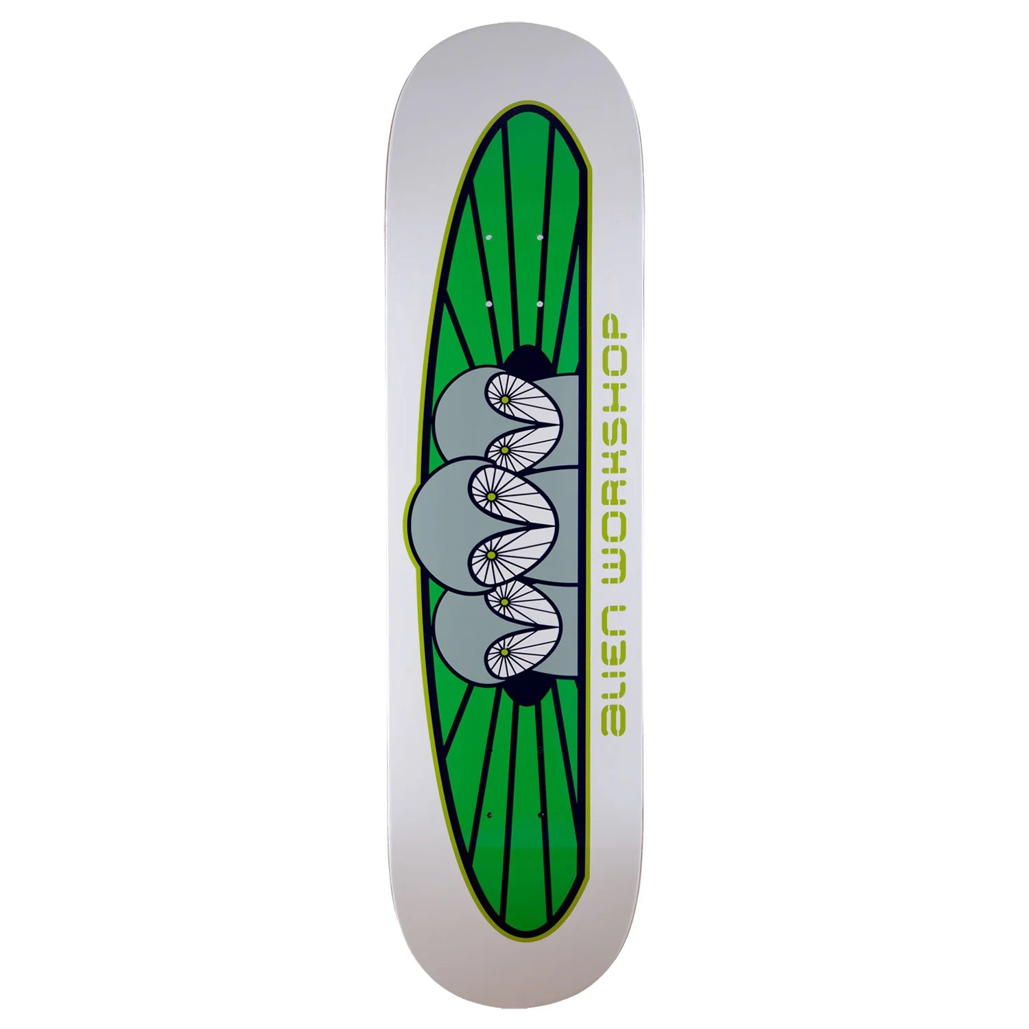 Alien Workshop skateboard deck featuring a green and gray alien-themed graphic with the brand name printed vertically on a white deck base.
