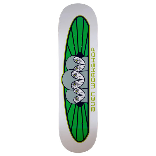 Alien Workshop skateboard deck featuring a green and gray alien-themed graphic with the brand name printed vertically on a white deck base.