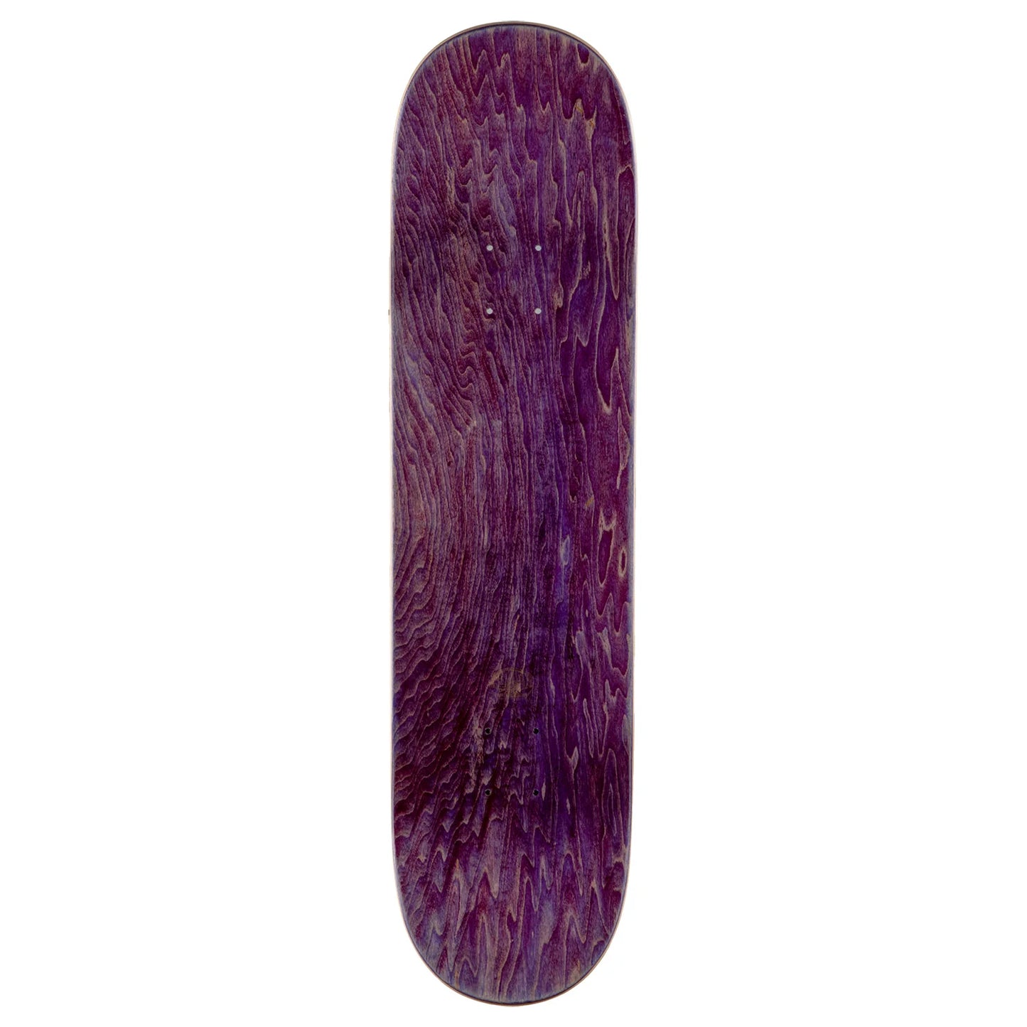 A skateboard deck with a vibrant purple and dark brown wavy wood grain pattern, shown vertically against a plain white background.
