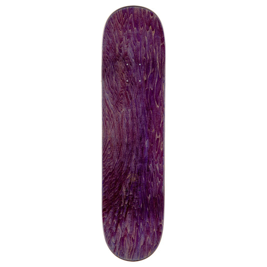 A skateboard deck with a vibrant purple and dark brown wavy wood grain pattern, shown vertically against a plain white background.