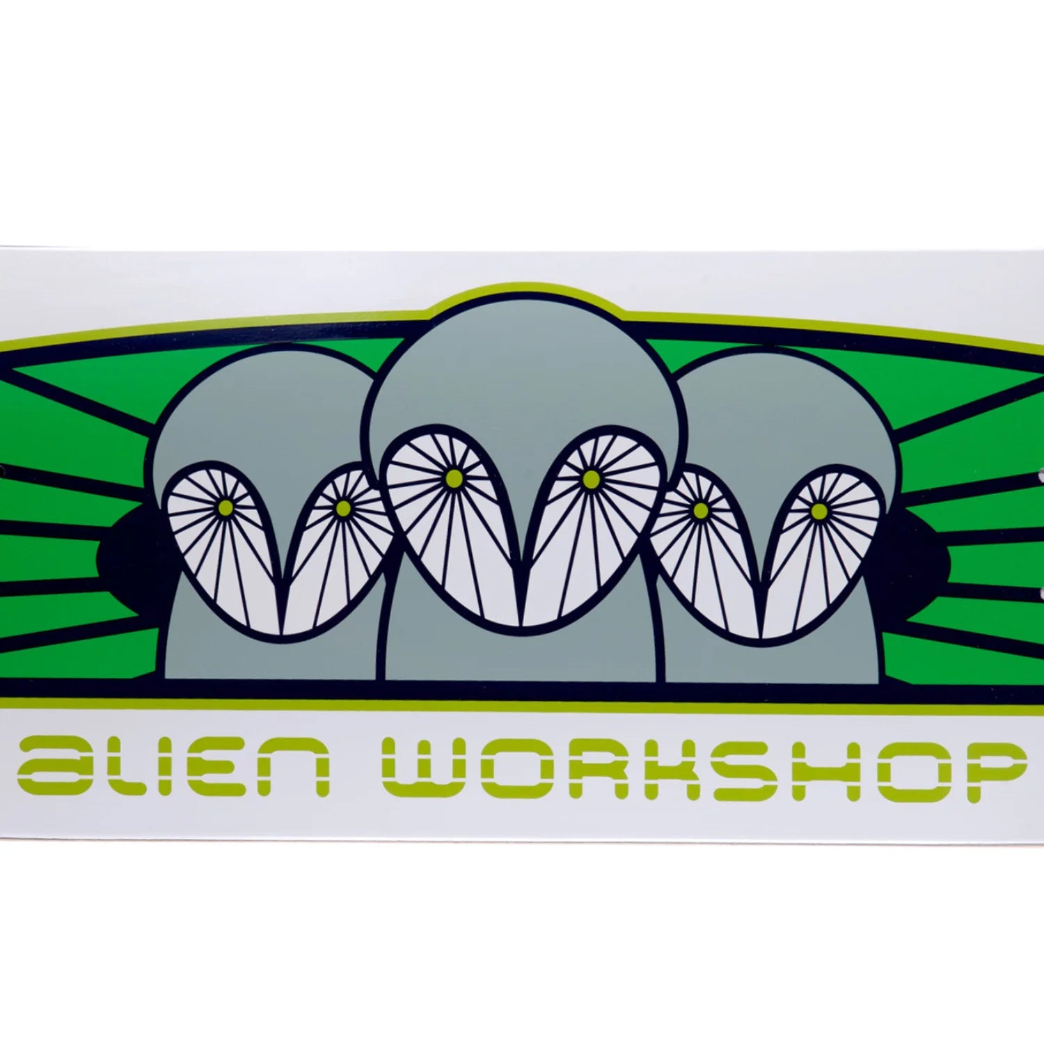 A rectangular sticker or decal featuring a stylized group of gray aliens with white flower-like eyes on a green and black sunburst background, with the words 'ALIEN WORKSHOP' in green at the bottom.