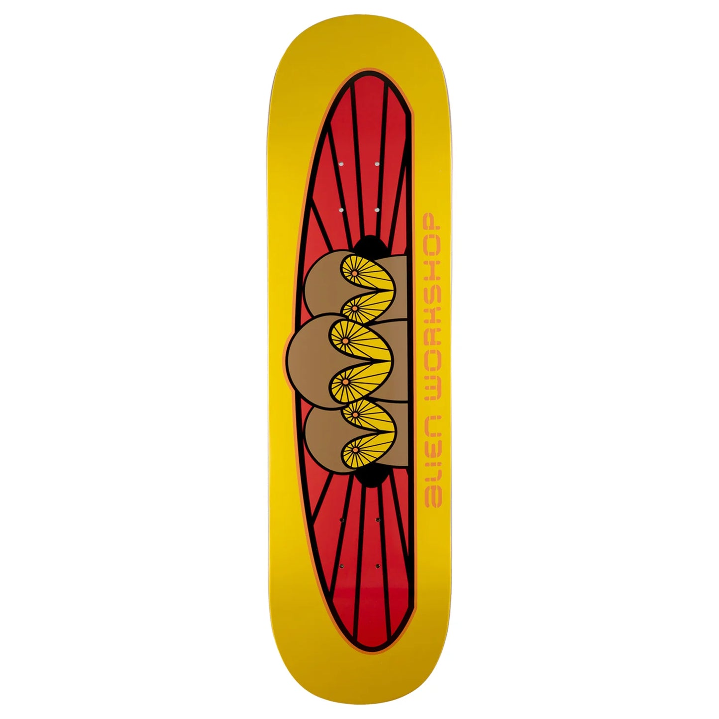 A skateboard deck with a bright yellow background and a central graphic featuring a red sunburst, brown circles, yellow flower-like shapes, and vertical 'BEN WORKSHOP' text.