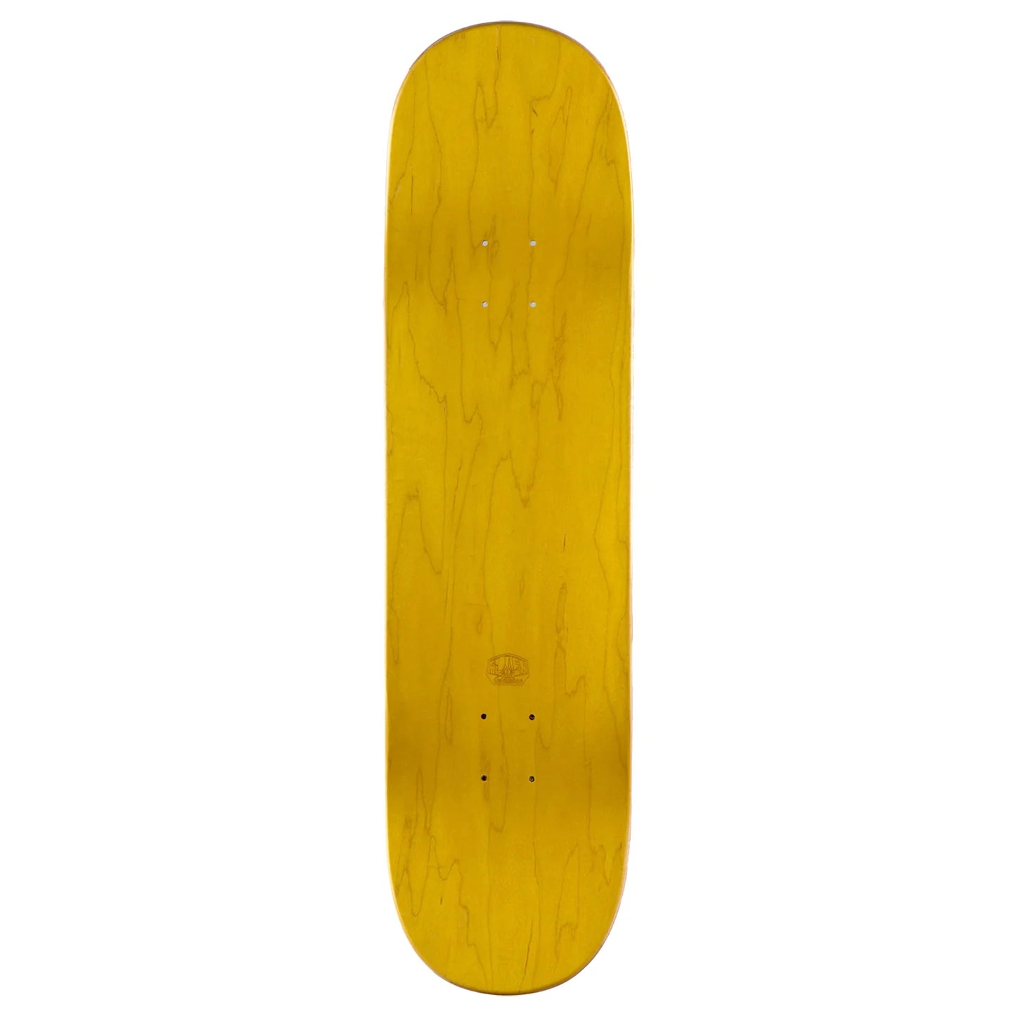 A skateboard deck shown from the underside, featuring a bright yellow wood grain finish with visible wood grain patterns and pre-drilled holes, isolated on a white background.