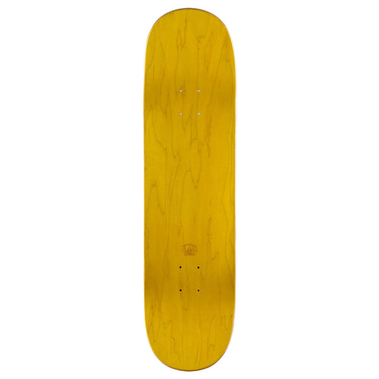 A skateboard deck shown from the underside, featuring a bright yellow wood grain finish with visible wood grain patterns and pre-drilled holes, isolated on a white background.
