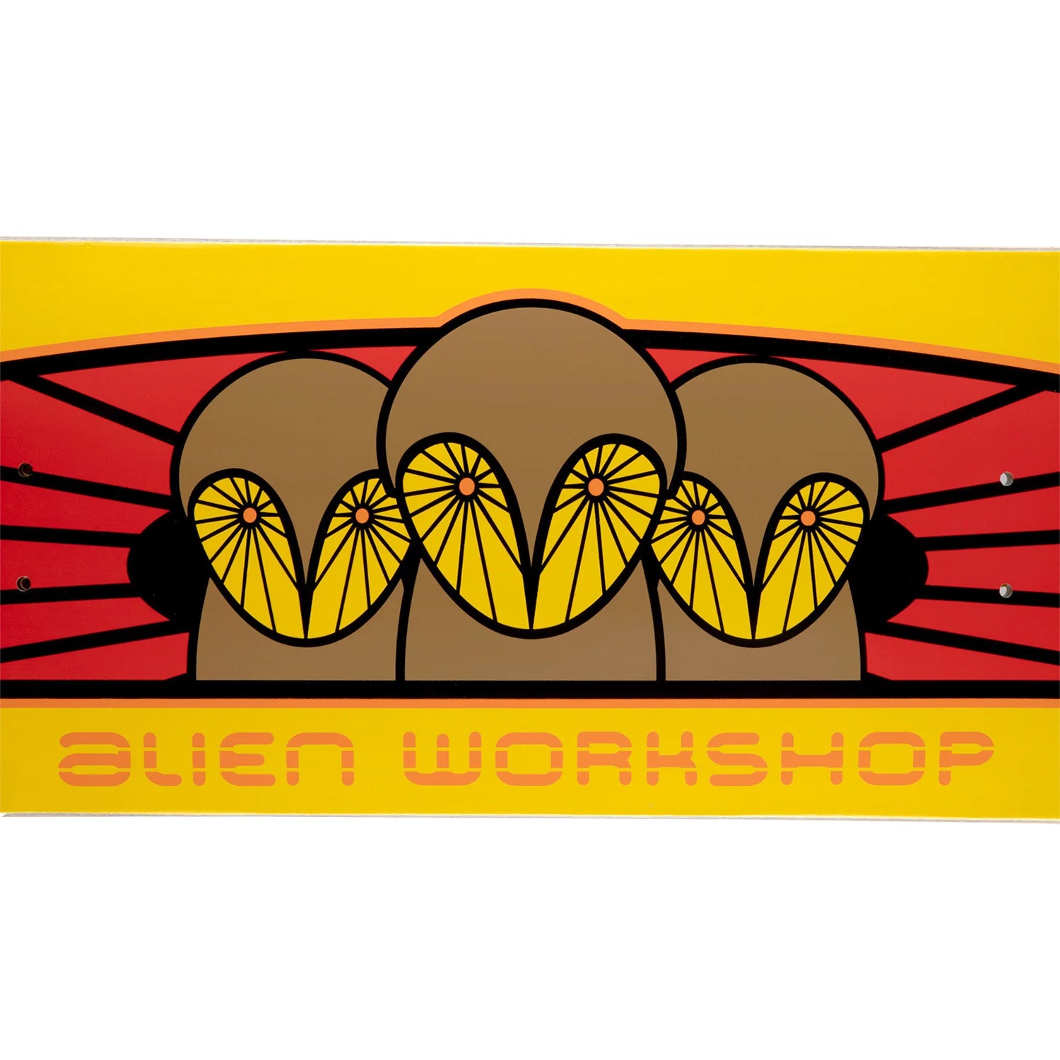 A square graphic print or sign featuring three stylized brown alien heads with yellow fan-like eyes on a red and yellow background, with the text 'ALIEN WORKSHOP' at the bottom.